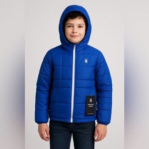 New Spyder Big Boys Reversible Puffer Jacket Blue Hooded Size L 14 16